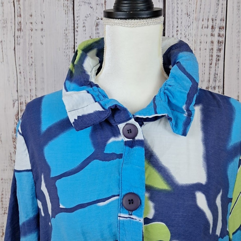 Yushi XL Blue Green Butterfly Wing Print Button Up Tunic Blouse Wired Collar Art - Picture 3 of 8